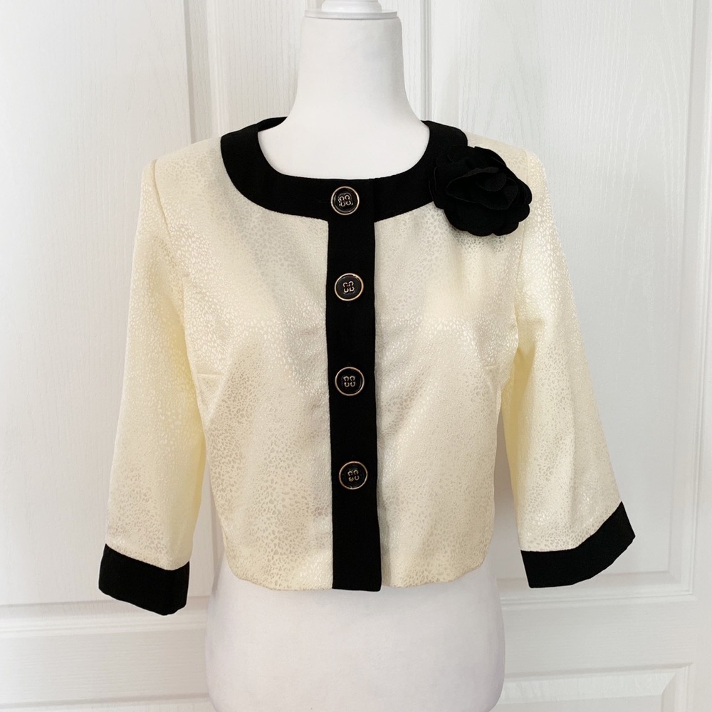 Vintage Cropped Contrast Trim Collarless Blazer Sz 8P